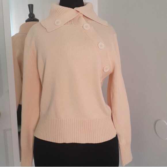 Jeanne Pierre Big Button Mock Neck Ribbed Cotton Blend Yellow Sweater  Large - Picture 5 of 12
